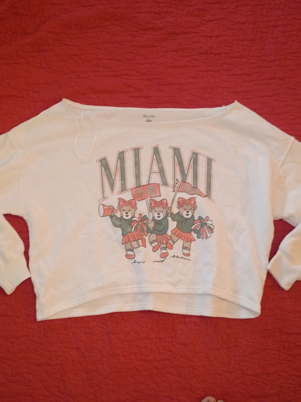 Hollister White Off-the-Shoulder Miami Graphic Cropped Sweatshirt